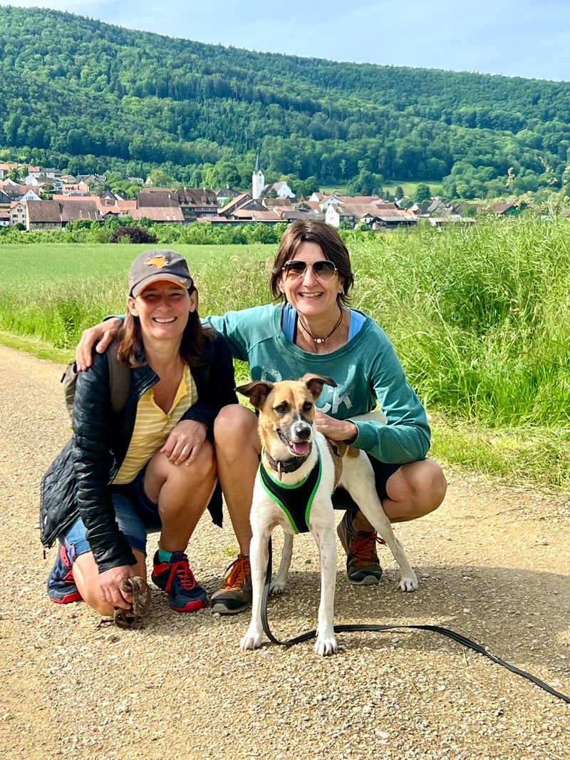 Dog in a green harness poses on a gravel path between two kneeling women, with a village and hills behind