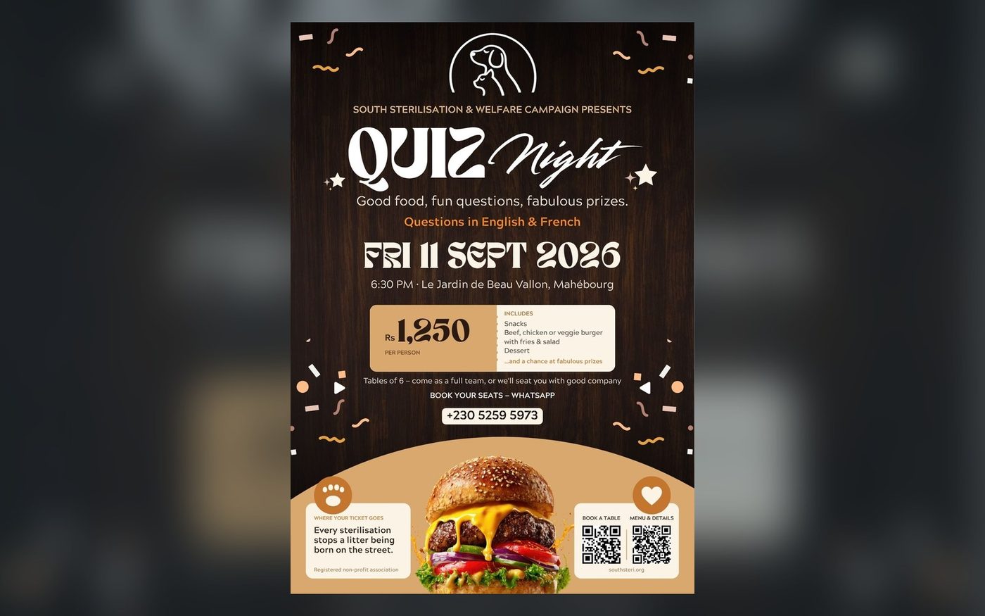 The Quiz Night poster — Friday 11 September 2026, 6:30pm at Le Jardin de Beau Vallon, Mahébourg, Rs 1,250 per person including dinner