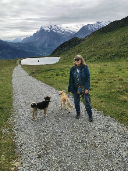 Woman walking two dogs on a gravel path with snow-capped mountains and a lake behind her